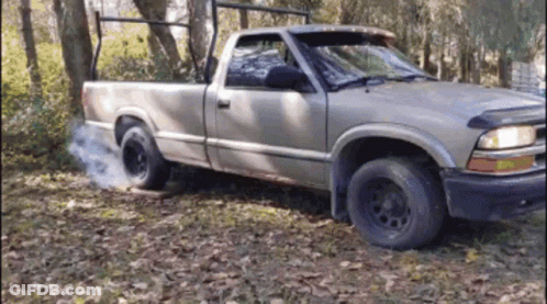 Truck With Smoking Tire In Woods GIF