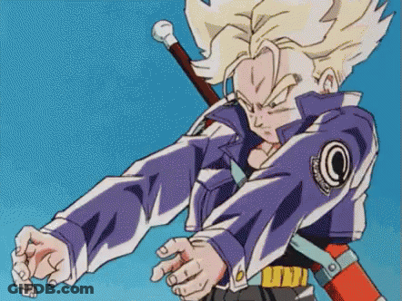 Trunks From Dragon Ball Z Is Holding A Sword And Pointing At The Camera . GIF