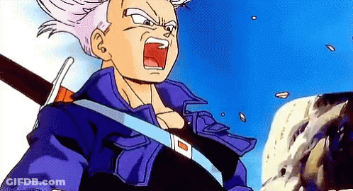 Trunks From Dragon Ball Z Is Holding A Sword And Screaming While Wearing A Purple Jacket . GIF