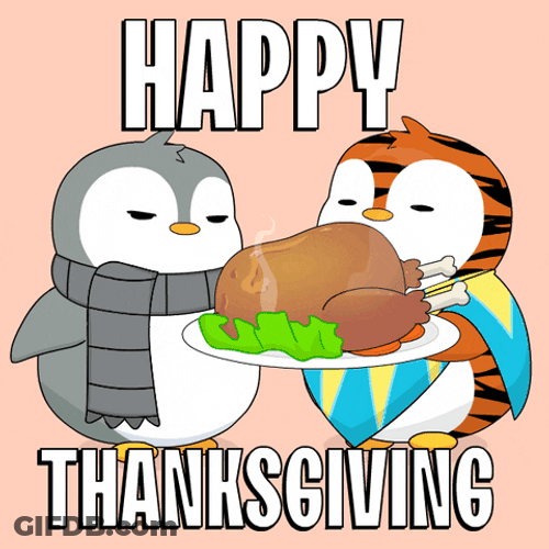 Turkey Day Pudgy Penguins With Cooked Bird GIF