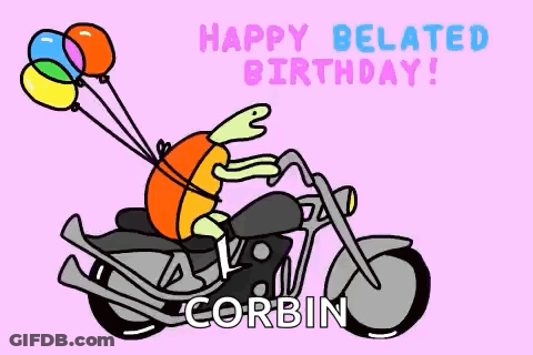 Turtle Riding Motorcycle With Balloons Happy Belated Birthday GIF