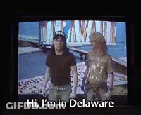 TV Screen Saying Hi I'm In Delaware With Two People GIF