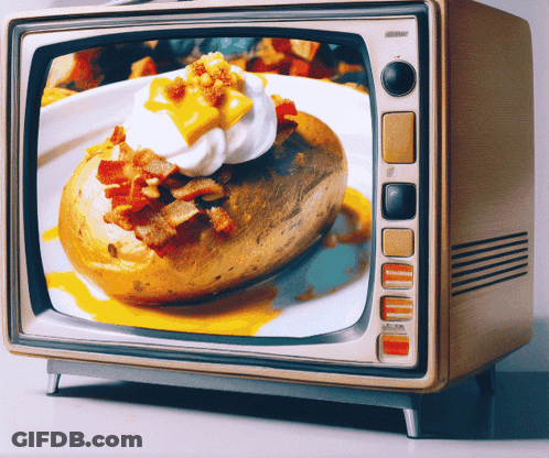TV Screen Showing Baked Potato With Bacon And Whipped Cream GIF