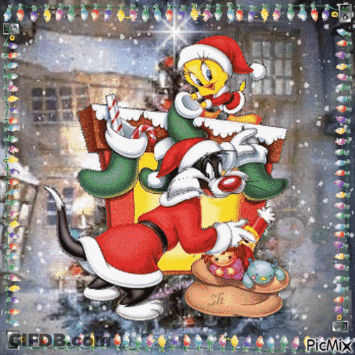 Tweety And Sylvester Dressed As Santa Clauses GIF