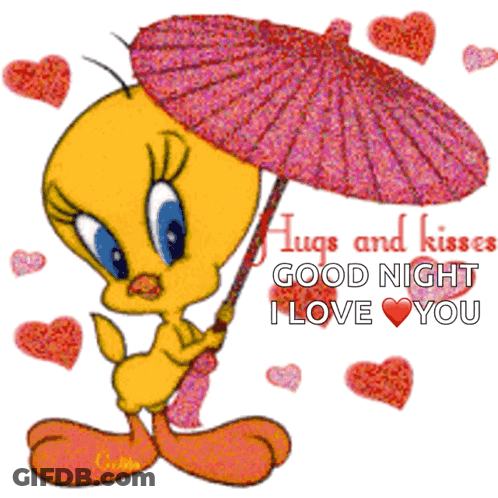 Tweety Bird Holding Umbrella Hugs And Kisses GIF
