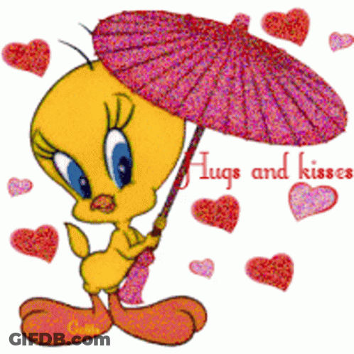 Tweety Bird Holding Umbrella With Hugs And Kisses GIF