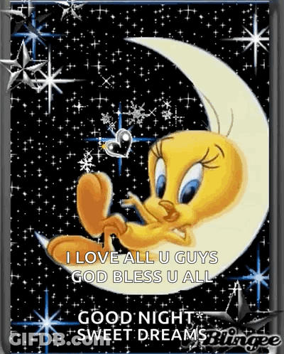 Tweety Bird Is Sitting On A Crescent Moon With A Heart In His Mouth . GIF