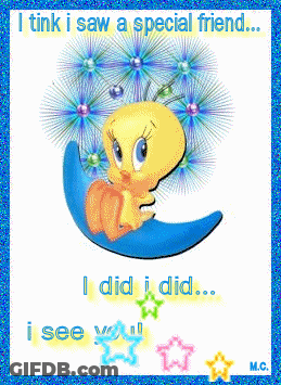 Tweety Bird On Blue Crescent Moon Saying I Tink I Saw A Special Friend GIF