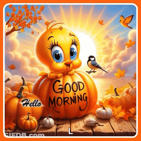 Tweety Bird Sitting In Pumpkin Saying Good Morning GIF