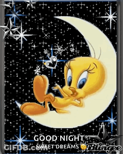 Tweety Is Sitting On A Crescent Moon With The Words Good Night Sweet Dreams Below Him GIF