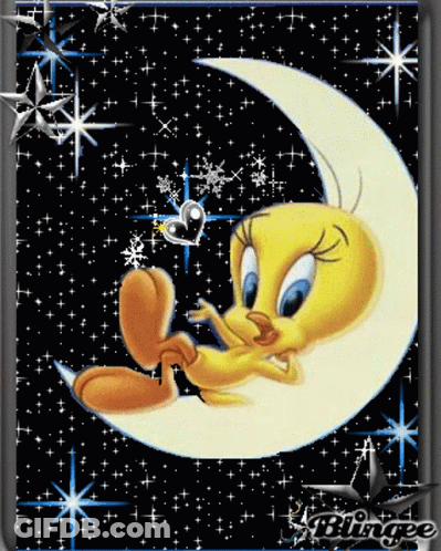 Tweety On Crescent Moon With Heart In Mouth GIF