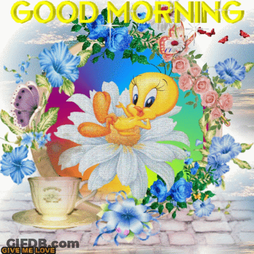 Tweety Surrounded By Flowers And Coffee GIF