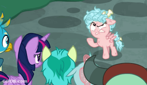 Twilight Sparkle And Ponies Around Pink Pony With Curly Hair GIF