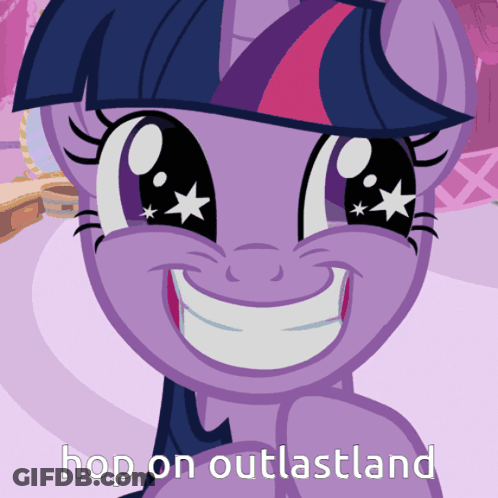 Twilight Sparkle From My Little Pony Is Smiling And Has The Words Hop On Outlastland Below Her GIF
