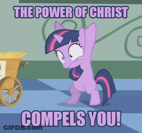 Twilight Sparkle From My Little Pony Stands In Front Of A Sign That Says " The Power Of Christ Compels You " GIF