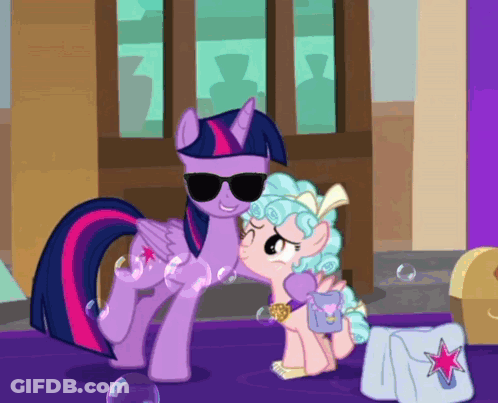 Twilight Sparkle Wearing Sunglasses Next To Smaller Pony GIF