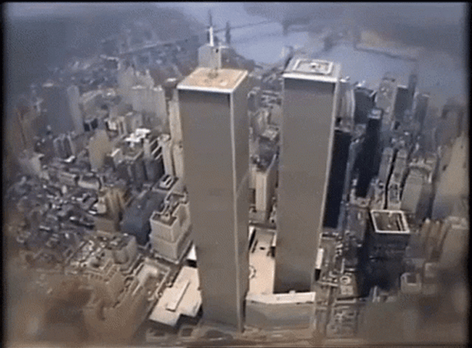 Twin Towers Falling Surround Aerial Shot GIF
