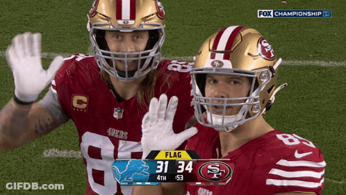 Two 49Ers Players Waving With Scoreboard Flag 31 34 4Th 53 GIF