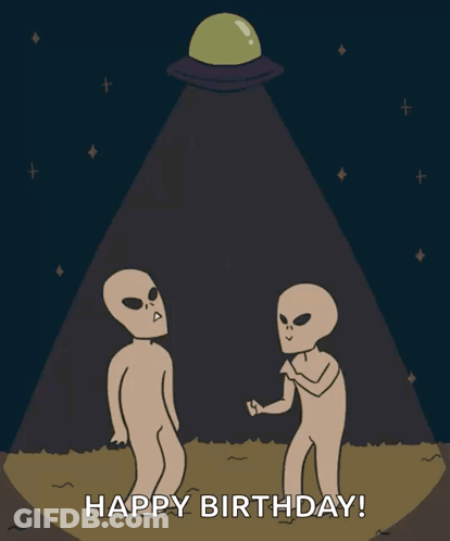 Two Aliens And Flying Saucer Birthday Card GIF