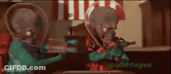 Two Aliens Holding Guns In Front Of American Flag GIF