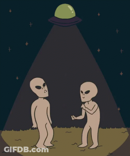 Two Aliens In Front Of Green Object GIF