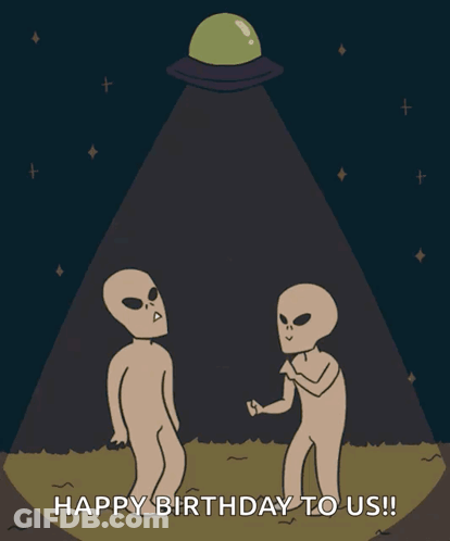 Two Aliens Standing In Front Of Flying Saucer GIF