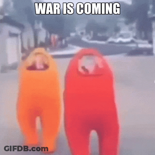Among Us Characters Walking With War Is Coming Text GIF