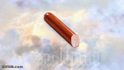 Two Angels Are Standing In Front Of A Salami Sign GIF