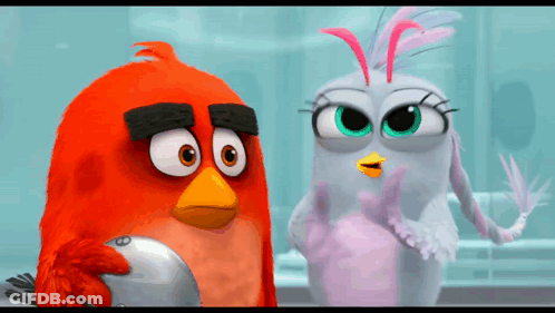 Two Angry Birds Are Standing Next To Each Other In A Room GIF