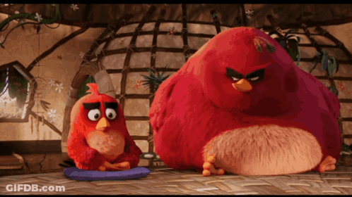 Two Angry Birds Sitting Next To Each Other On A Table GIF