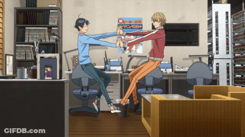 Two Anime Characters Are Dancing In A Room With A Poster On The Wall That Says ' Tokyo Ghoul ' On It GIF