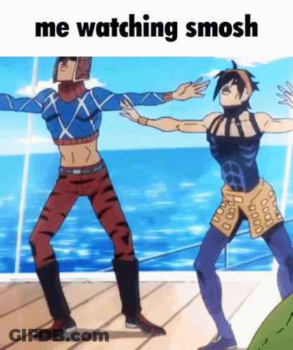 Two Anime Characters Are Dancing In Front Of The Ocean With The Caption " Me Watching Smosh " On The Bottom GIF