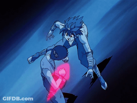Two Anime Characters Are Fighting Each Other And One Has A Red Light Coming Out Of His Fist GIF