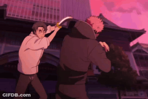 Two Anime Characters Are Fighting With Swords In Front Of A Building GIF