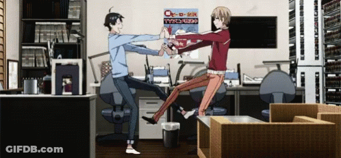 Two Anime Characters Are Giving Each Other A High Five In Front Of A Poster That Says Tvc GIF