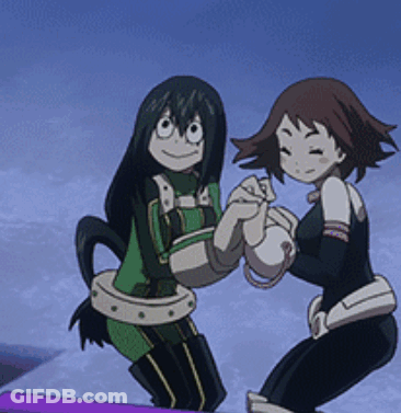 Two Anime Characters Are Holding Hands And Standing Next To Each Other . GIF