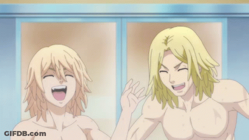 Two Anime Characters Are Laughing In Front Of A Blue Wall GIF