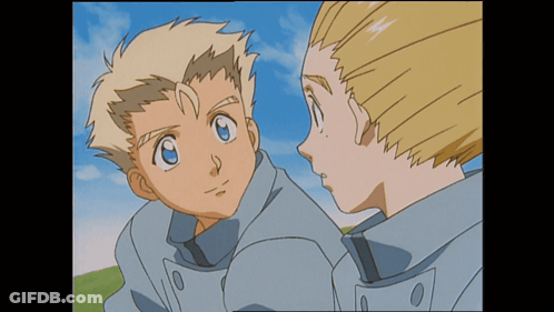 Two Anime Characters Are Looking At Each Other With A Blue Sky Behind Them GIF