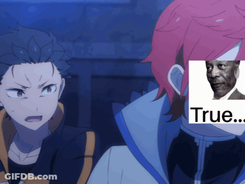 Two Anime Characters Are Looking At Each Other With A Picture Of A Man Behind Them That Says " True " GIF