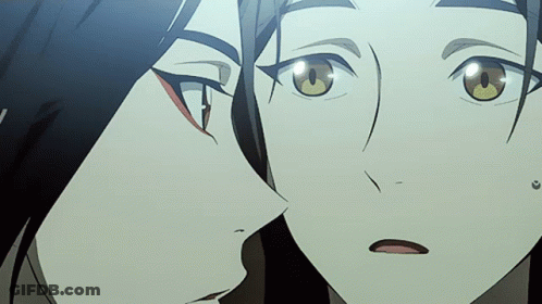 Two Anime Characters Are Looking At Each Other With One Making A Surprised Face GIF