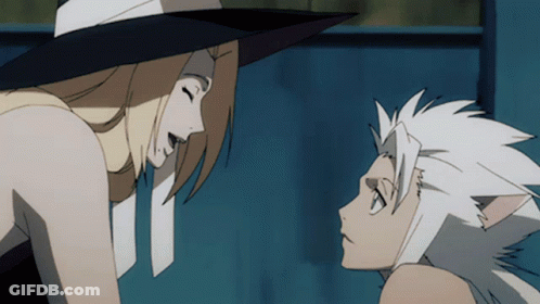 Two Anime Characters Are Looking At Each Other With One Wearing A Witch Hat GIF