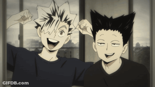 Two Anime Characters Are Posing For A Picture And One Of Them Is Flexing His Muscles GIF