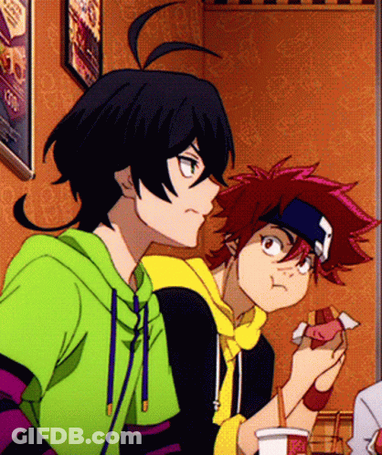 Two Anime Characters Are Sitting At A Table Eating GIF