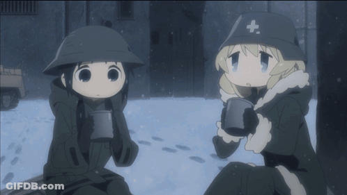 Two Anime Characters Are Sitting In The Snow One Has A White Cross On Her Hat GIF