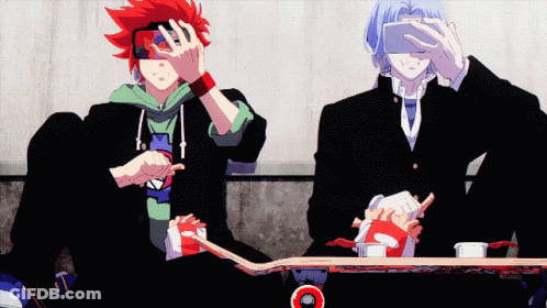 Two Anime Characters Are Sitting On Skateboards And One Is Taking A Picture Of Himself GIF