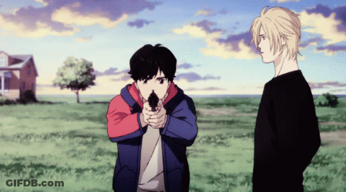 Two Anime Characters Are Standing In A Field With One Pointing A Gun GIF