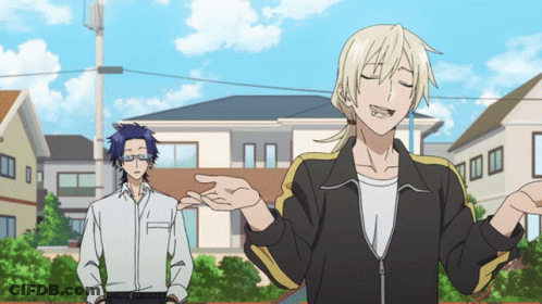 Two Anime Characters Are Standing In Front Of A House And One Of Them Is Smiling GIF