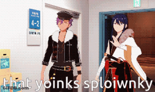 Two Anime Characters Are Standing In Front Of A Sign That Says 4-2-2 GIF
