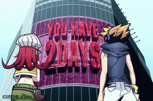 Two Anime Characters Are Standing In Front Of A Sign That Says You Have 20 Days GIF