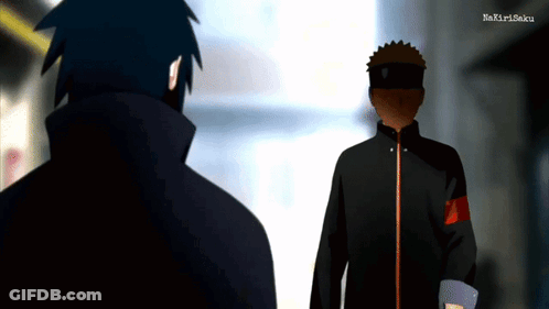 Two Anime Characters Are Standing Next To Each Other And Looking At Each Other GIF